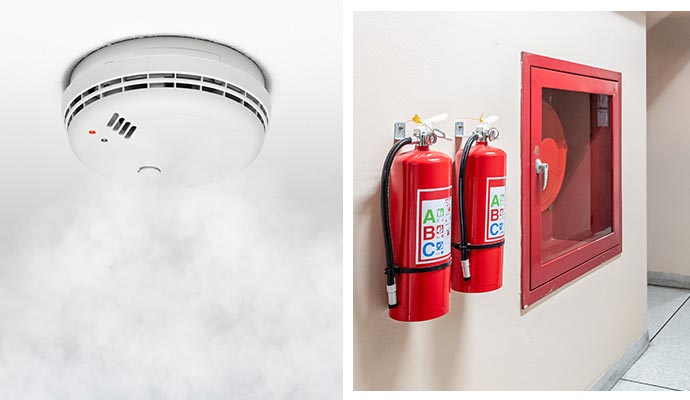 Collage of smoke detectors and fire extinguishers