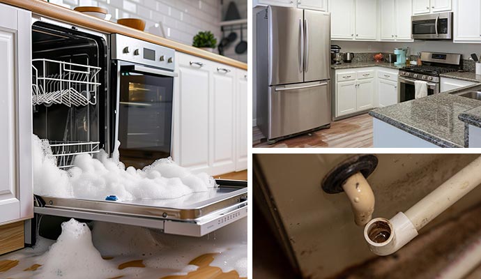 Collage of dishwasher overflow, leaking refrigerator, and broken pipe