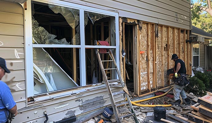 Two people are repairing a house