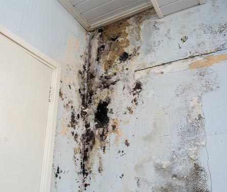 structural mold damage on the interior walls of a property