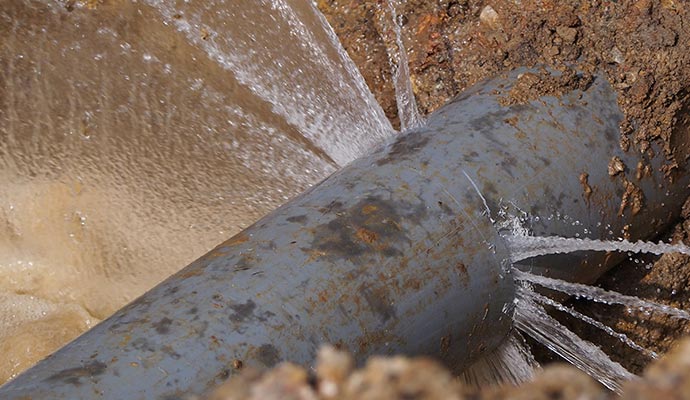 Broken water pipe spraying out water