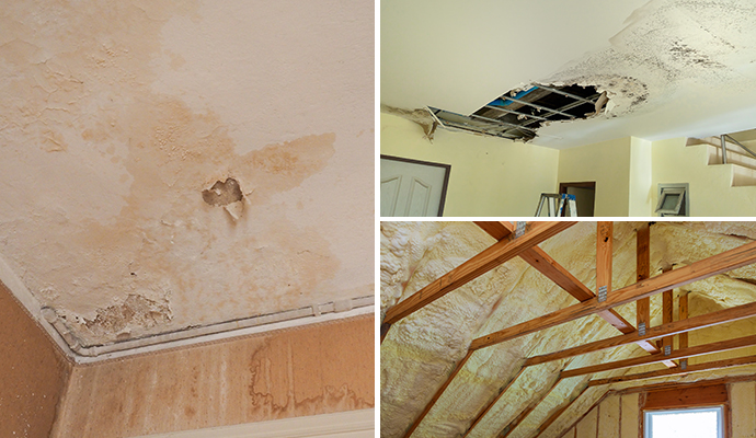 Collage showing ceiling with a large water stain, ceiling with a hole in a ceiling, and a new insulation layer in an attic